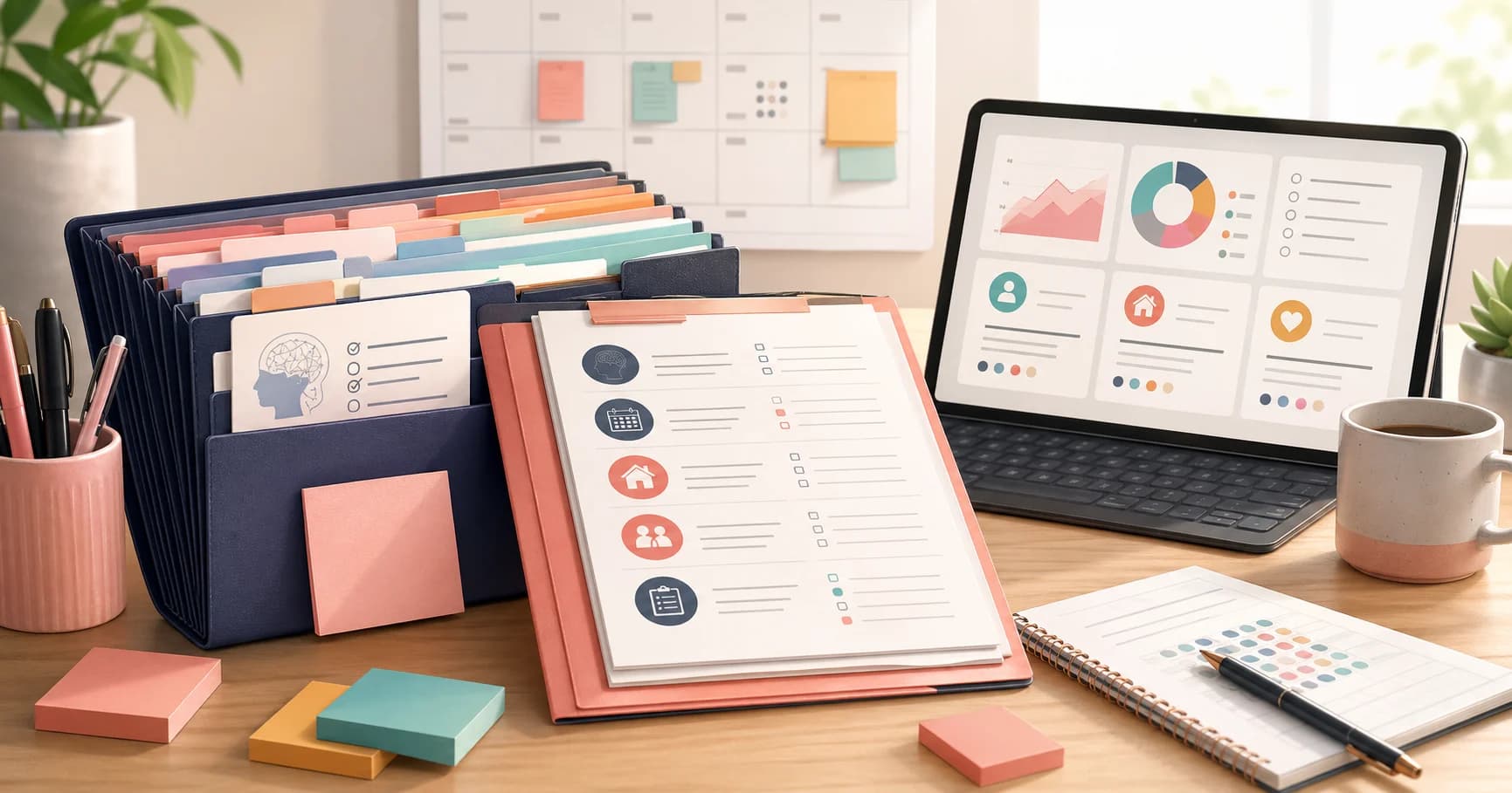 Organized ADHD assessment evidence file with folders, checklist pages, calendar, and dashboard-style notes