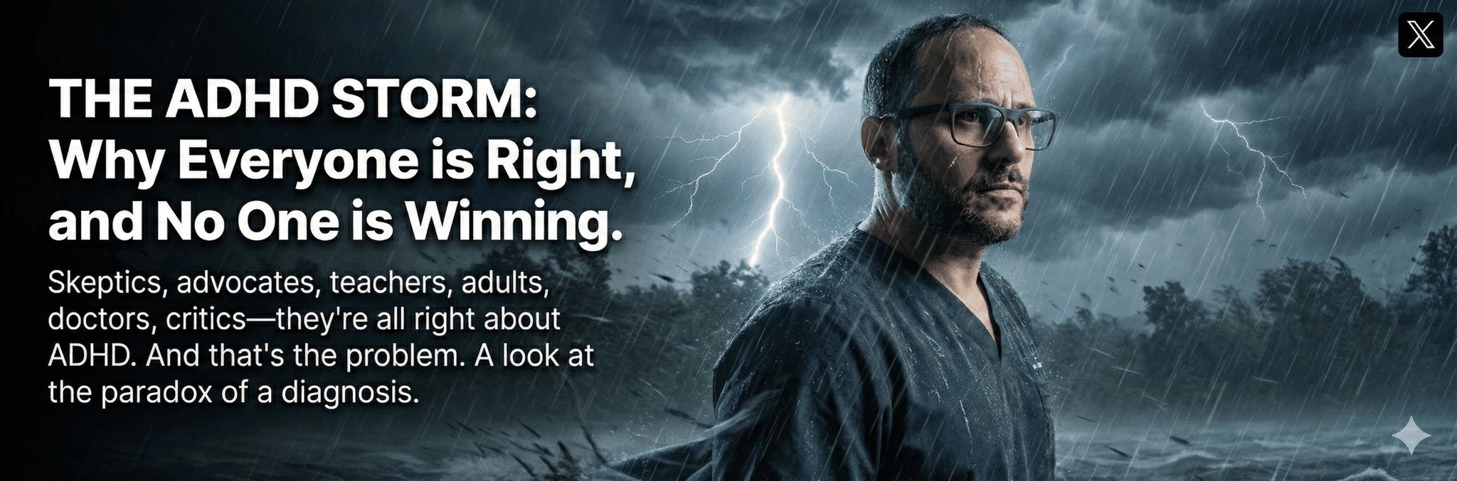 The ADHD storm: why everyone is right and no one is winning—storm imagery with title and paradox subtitle