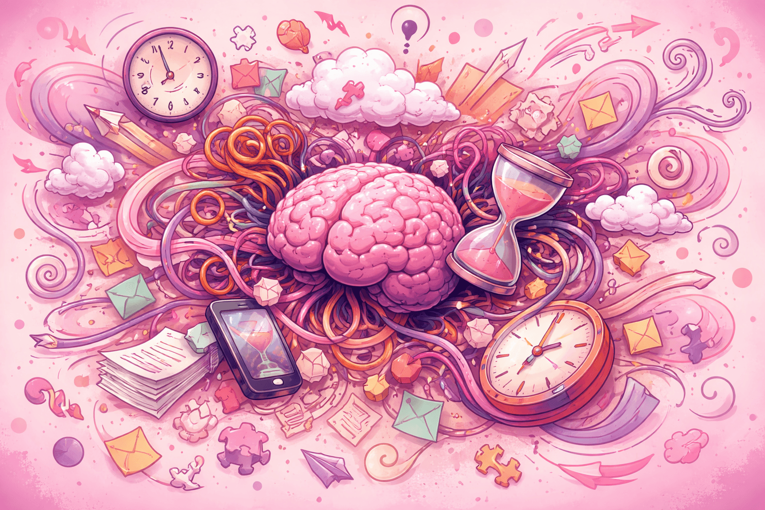 Illustration of ADHD executive function deficiencies: brain with tangled pathways connecting time management, tasks, planning, and distractions